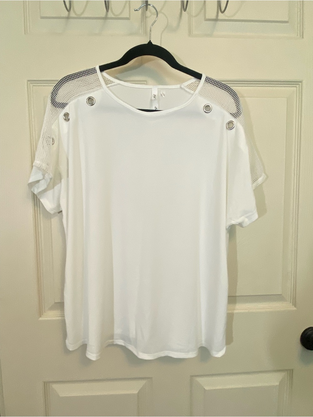 NY Collection White Mesh-Shoulder Tee with Eyelet Accents
